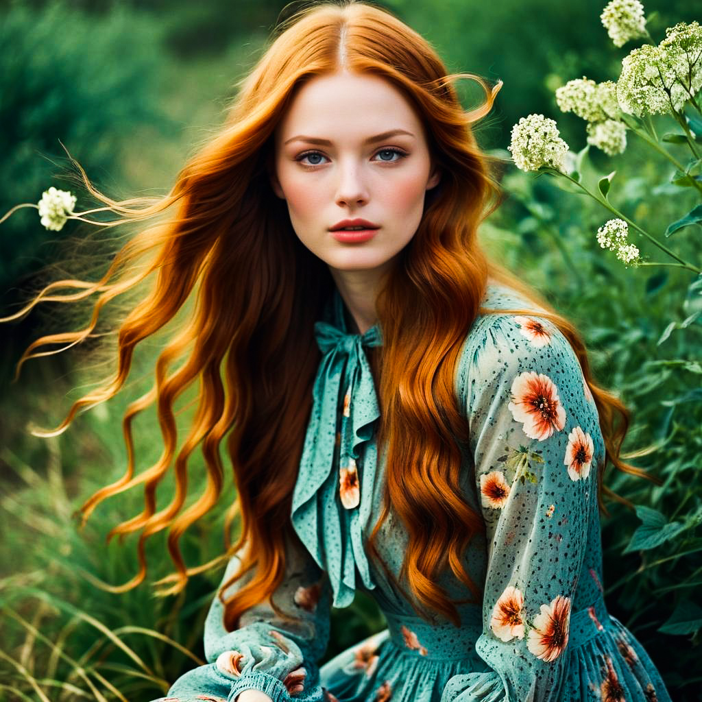 Freckled Redhead in Vintage Floral Style