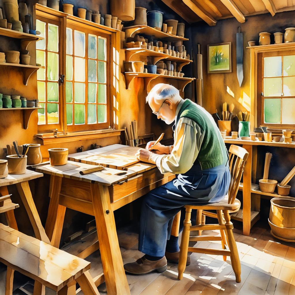 Elderly Woodcarver in Warm Workshop