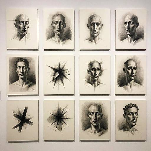 Black and white ink sketches of 12 male faces with varied expressions, including abstract splashes, arranged in a 4x3 grid.