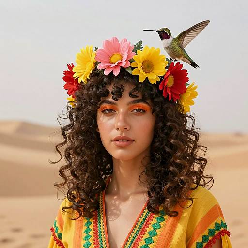 Young Woman with Floral Crown and Hummingbird in Desert
