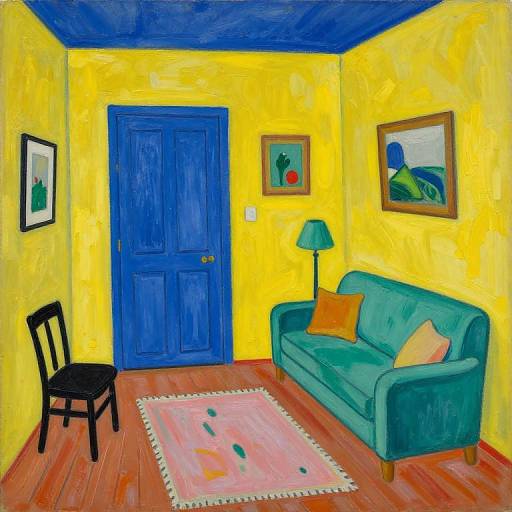 Vibrant painting of a yellow-walled room with blue door, green sofa, pink rug, black chair, and colorful paintings. Style: Post