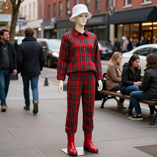 Mannequin in Plaid Outfit Urban Scene