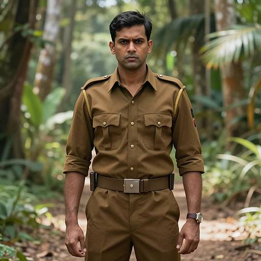 Man in Brown Military-Style Uniform in Tropical Forest