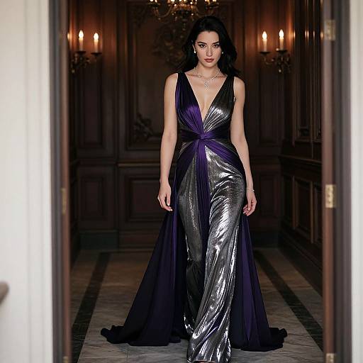 Photograph of a dark-haired woman in a deep purple and silver metallic gown, walking down a dimly lit, elegant hallway.