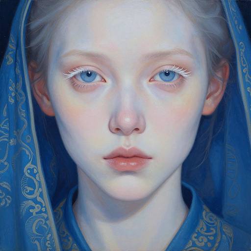 Digital portrait of a pale-skinned, blue-eyed young woman with delicate features, wearing a blue, patterned veil, glowing in ethereal blue light