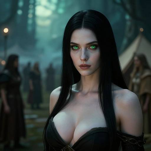 CGI image of a pale-skinned woman with long black hair, glowing green eyes, and large breasts, wearing a low-cut black top, in