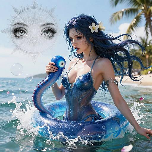 Digital artwork of a dark-haired woman in a blue, transparent swimsuit holding an inflatable blue octopus, splashing in clear water, with a detailed