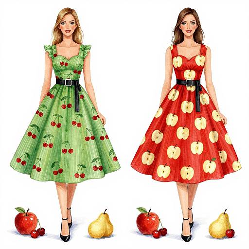 Digital illustration of two women in vintage-style dresses adorned with apple and cherry patterns, standing with fruit below. Green dress with cherries, red dress with