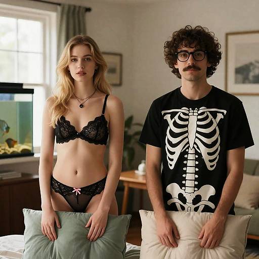 Young Couple in Casual and Lingerie Holding Pillows Indoors