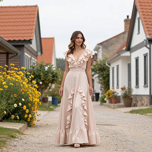 Photograph of a woman in a light pink, ruffled, V-neck, floor-length dress standing in a charming, cobblestone village with yellow
