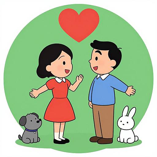 Cartoon Couple with Pets and Heart