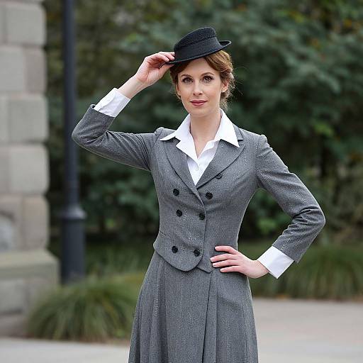 Photograph of a woman in a 1920s-style gray suit with white shirt, black double-breasted buttons, and black hat, standing outdoors