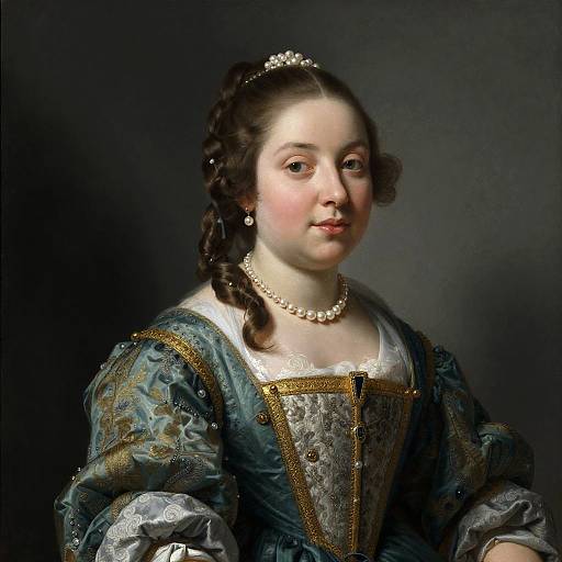 Portrait of a 18th-century European woman with fair skin, dark curly hair, pearl necklace, tiara, and elaborate blue and silver dress.