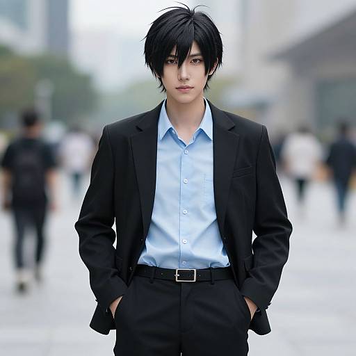 Photorealistic digital art of a young Asian man with black hair, wearing a black suit, light blue shirt, and black pants, standing confidently in