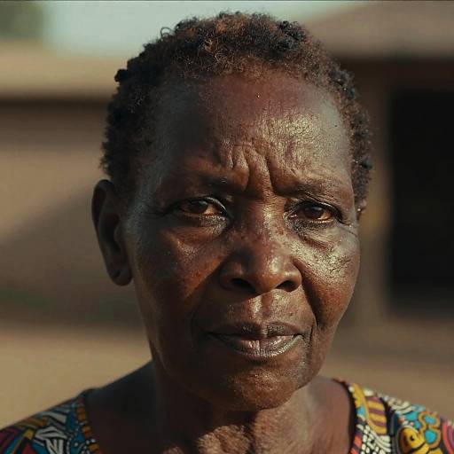 Close-up photograph of a dark-skinned elderly African woman with short curly hair, wrinkled face, and patterned blouse, against a blurred outdoor background