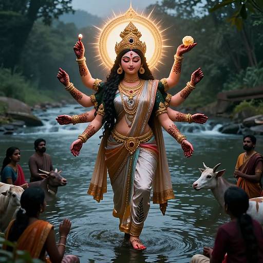 Digital art of multi-armed goddess with golden halo, wearing white and gold traditional attire, standing on river, surrounded by devotees and cows.