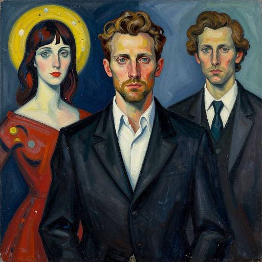 Expressionist painting of three people: a red-dressed woman with a halo, a bearded man in a black suit, and a curly-haired man