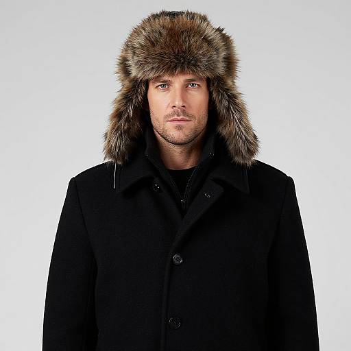 Photograph of a serious, light-skinned man with brown hair, wearing a black coat and a fur-trimmed hat, against a white background