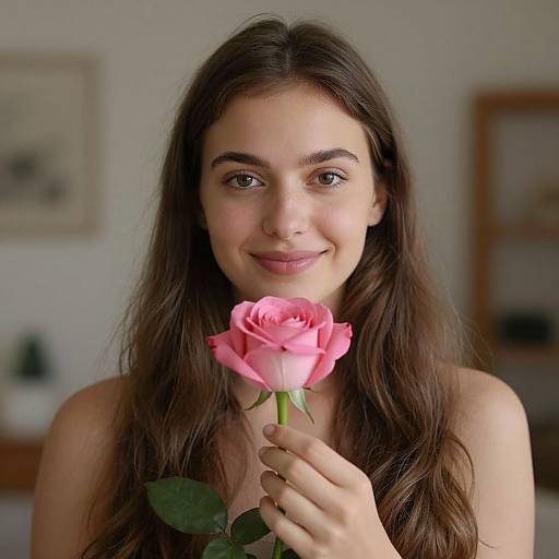 Photograph of a young woman with long brown hair, holding a pink rose close to her face, smiling softly in a softly lit room.