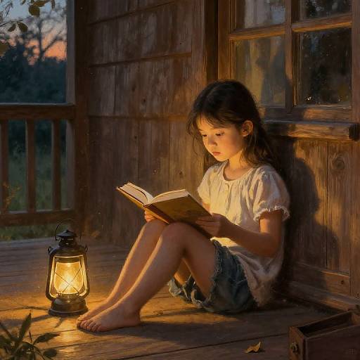 Girl Reading on Rustic Porch at Dusk