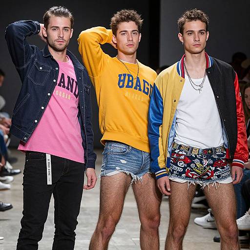 Photograph of three young men on a fashion runway, wearing casual, colorful outfits: pink shirt, yellow 