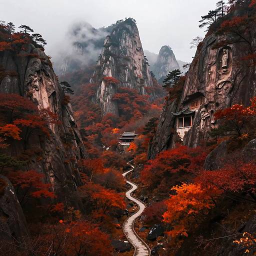 Photograph of a misty, mountainous landscape with a winding path, red-orange autumn foliage, and towering rocky cliffs flanking a hidden temple.