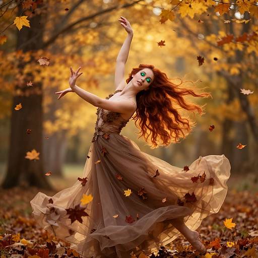 Photograph of a red-haired woman in a flowing brown autumn dress, dancing in a forest with falling yellow and red leaves. Her green eyes stand out