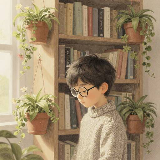 Digital illustration of a young boy with black hair and glasses, wearing a beige sweater, standing in front of a sunlit bookshelf filled with books and