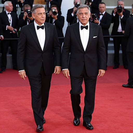 Photograph of two middle-aged men in black tuxedos with white shirts and black bow ties, walking on a red carpet, surrounded by photographers