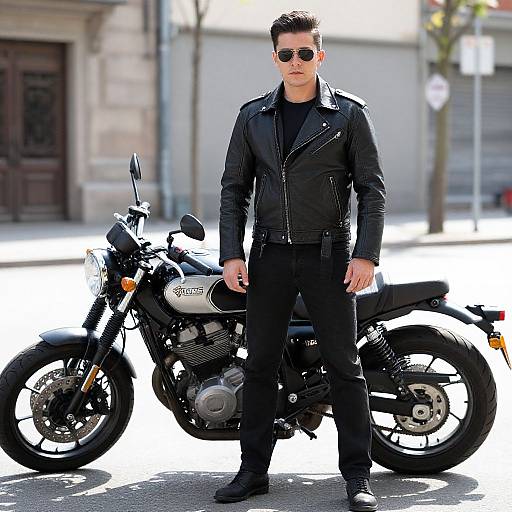 Photograph of a tall, attractive man with short black hair, wearing sunglasses, black leather jacket, and pants, standing beside a black motorcycle in a