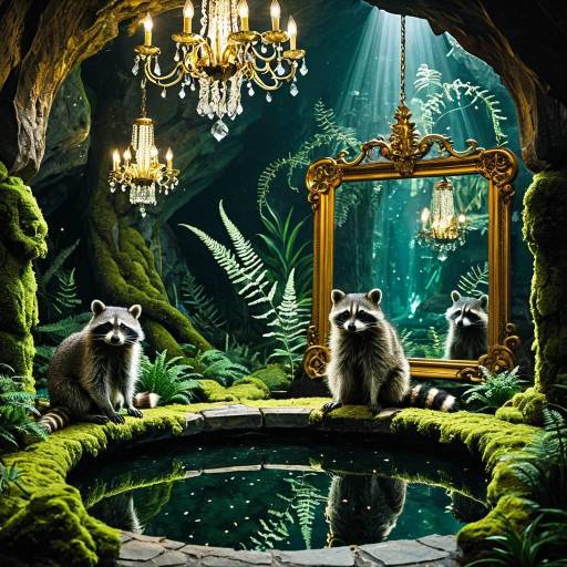 Raccoons in Enchanted Crystal Cave with Mirror Pool