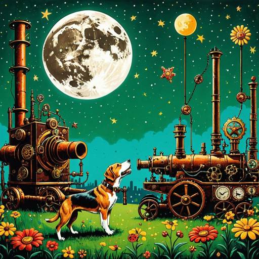 Surreal Steampunk Dog and Moon Scene
