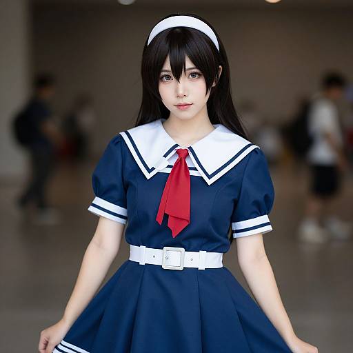 Digital anime-style photograph of a young woman with pale skin, black hair, and brown eyes, wearing a navy blue sailor dress with white trim, red