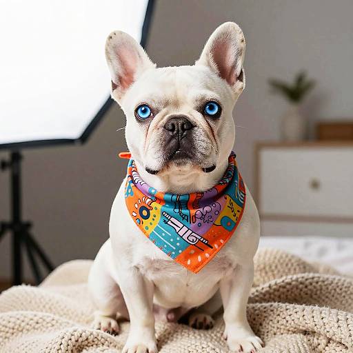 White Frenchie with Colorful Bandana