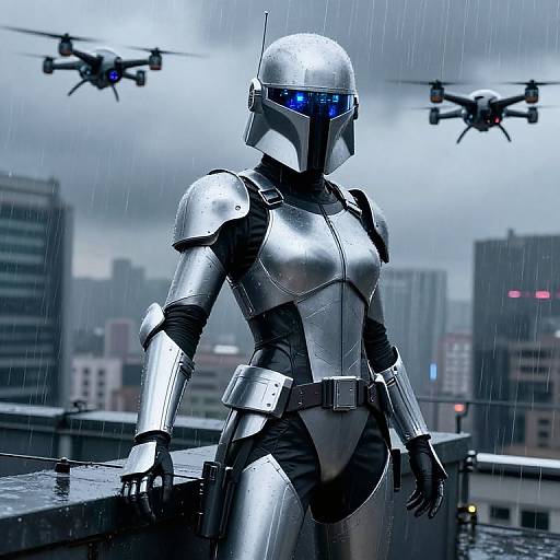 Digital artwork of a silver, armored female robot with blue visor, standing on a rainy rooftop, with two drones in the cloudy, cityscape background