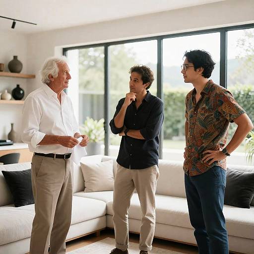 Three Men in a Bright Living Room
