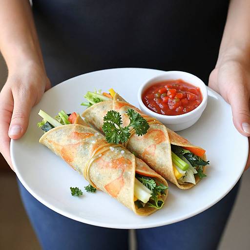 Photograph of a person holding a white plate with two vegetable wraps, fresh cilantro, and a small bowl of salsa.