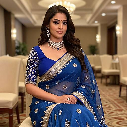 Elegant Indian Woman in Blue Banarasi Saree