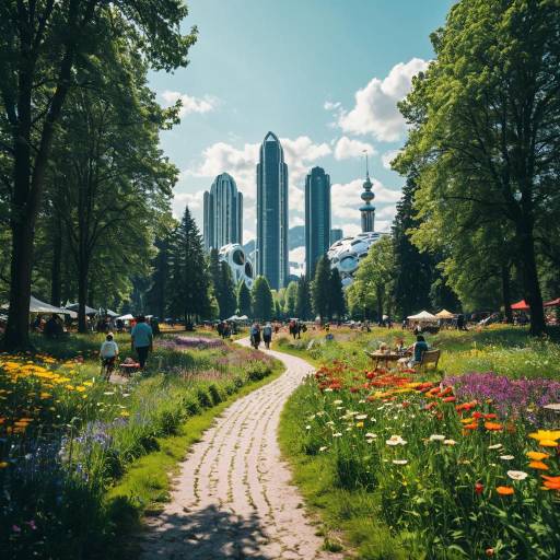 Futuristic Cityscape with Meadow and Flowers