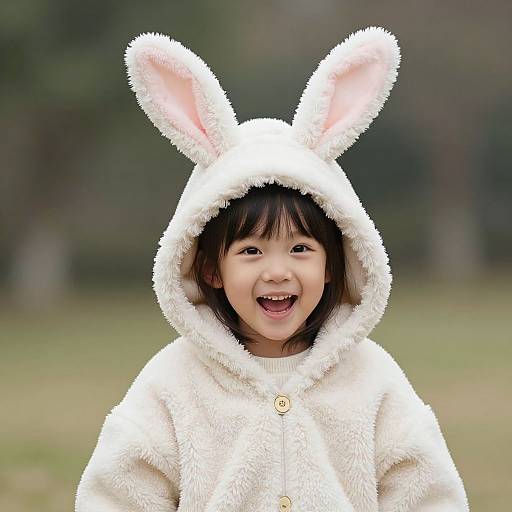 Photograph of a smiling Asian child with black hair wearing a fluffy white bunny hooded jacket with pink inner ears, standing in a blurred outdoor grassy