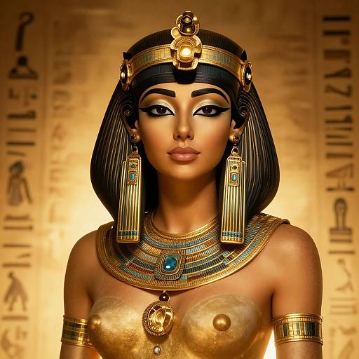 Digital artwork of an Egyptian queen with dark hair, golden eyes, and elaborate jewelry, including a headpiece, necklace, and earrings. She's top