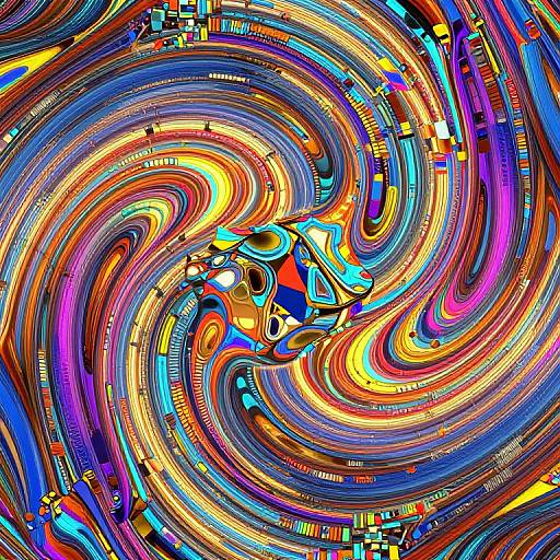 Vibrant abstract digital art with swirling, colorful patterns in orange, blue, yellow, and purple, featuring geometric shapes and intricate lines.