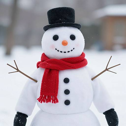 Photograph of a cheerful snowman with a black top hat, red scarf, black buttons, orange carrot nose, stick arms, and black gloves,