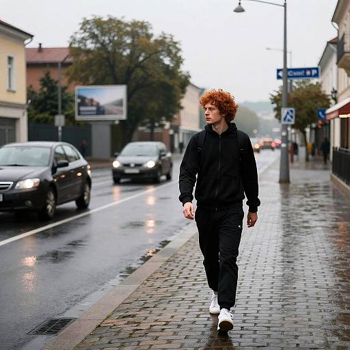 City Street Scene with Curly Haired Man