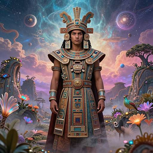 Mystical Mayan Deity Under Technicolor Sky