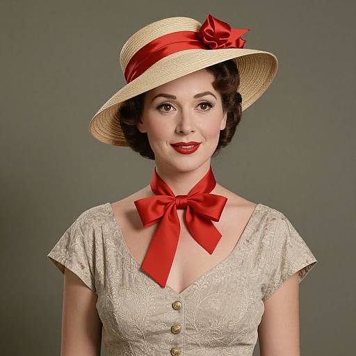 Vintage photograph of a fair-skinned woman with short, dark curly hair, wearing a beige lace dress, red ribbon bow, and hat.
