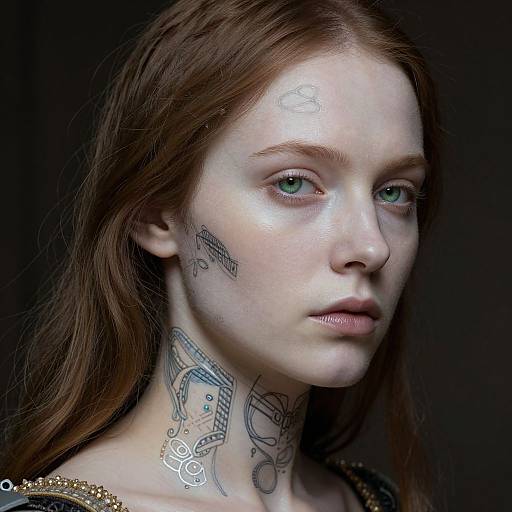 Photograph of a pale-skinned, red-haired woman with green eyes, featuring intricate black tattoos on her face and neck, against a dark background.