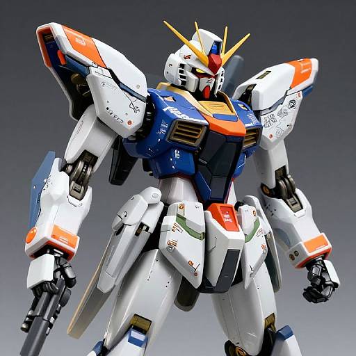 Photorealistic CGI of a white, blue, and orange robotic mecha with yellow horn-like antennae, standing against a gradient gray background.