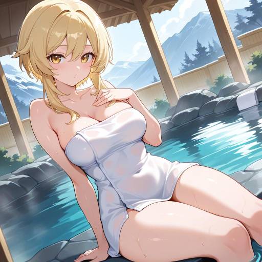 Blonde Girl in Onsen with Towel