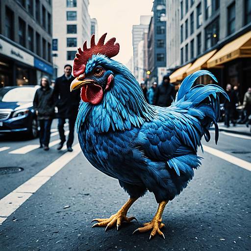 Electric Blue Cartoon Chicken in City Street